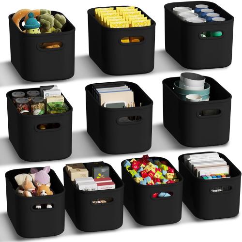 10 Pack Black Plastic Storage Bins, Storage Container for Organizing, Storage Boxes with Handle for Shelves, Cute Organizer Bins for Craft, Snacks, Pantry, Cabinet, 9.69x6.7x5.7 inch