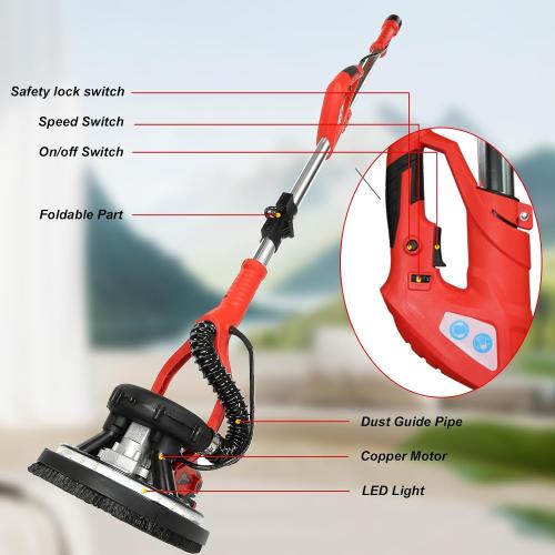 Drywall Sander, 1150W Electric Drywall Sander with Vacuum Dust Collector, 7.2A Popcorn Ceiling Removal Tool, 6 Variable Speed 900-2100RPM, Pure-Copper Motor, IP20 Waterproof,Extendable Handle