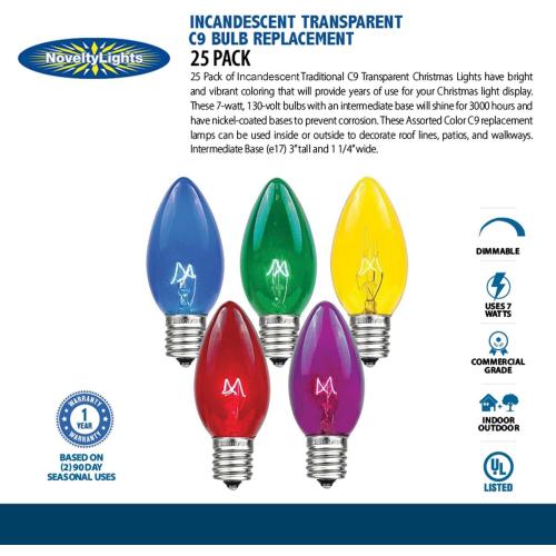 Novelty Lights Incandescent Christmas Replacement Bulbs - Indoor/Outdoor Individual Bulbs for Christmas Tree, Display, & More - C9/E17 Intermediate Base, 7 Watt Lights (Multi, 25 Pack)
