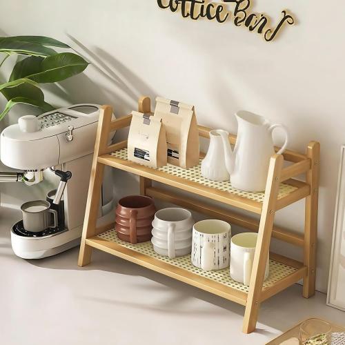 Coffee Station Organizer, Bamboo Mug Holder Countertop, Kitchen Counter Shelf for Tea Coffee Bar Accessories, Matcha Stand, Cup Display, Condiment Storage Rack (patent pending)