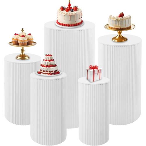 Fivenl 5 Pcs Metal Pleated Cylinder Pedestal Stands for Party, Heavy Duty White Round Cake Pedestal Stand Flower Plant Display Plinth Pillars for Wedding Birthday Event Decor
