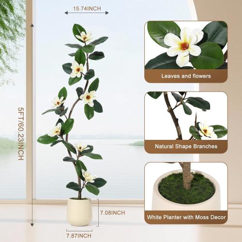 Size 5ft Rubber Tree 5FT Artificial Tree in White Planter Pot,Faux Plants Indoor Faux Floor Plant Artificial Plants with 7 Pcs Magnolia Flowers for Home Decor, Artificial Fiddle Leaf Fig Tree for Office