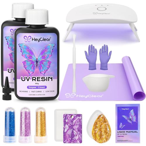 HeyClear UV Resin Kit with Light -200g Crystal Clear, Hard Resina UV Light Fast Curing UV Glue for Beginners Crafting, Molds Jewelry Making, DIY Craft Decorations