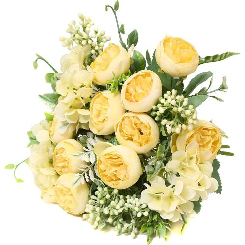 Artificial Flowers Fake Peony Silk Mini Plastic Bridal Flowers for DIY Wedding Bouquets Home Decorations 4 Packs(Light Yellow)