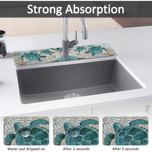 24 X 5.5 Kitchen Sink Splash Guard Faucet Mat Sea Turtles Super Absorbent Fast Drying Faucet Guard & Draining Mat Sink Splash Guard Behind Faucet for Kitchen, Bathroom