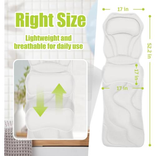 Full Body Bath Pillow for Tub - Extra Long & Thick Tub Pillow with Head, Back & Lumbar Support, 168 Non-Slip Suction Cups, Soft 5D Mesh Spa Cushion, Fits All Tubs-Gift for Soaking