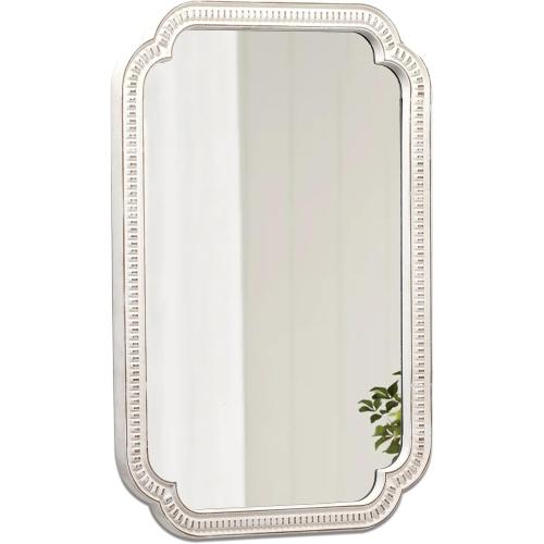 Rustic White Mirrors for Bathroom 24 X 36, Hanging Distressed Finish Carved Wood Scalloped Farmhouse Wall Mirror, Decorative Arched Corner Vintage Mirror, Boho Rectangular Mirrors