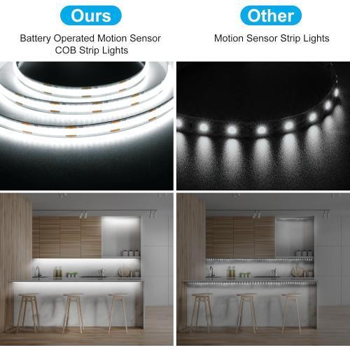 DBFAIRY 2 Pack COB Motion Sensor Strip Light Battery Operated, 6.6Ft 640 LED Cabinet Strip Lights High Bright with Sensor Lighting Mode for Wardrobe Stair Pantry Counter Cabinet Bed,6000K White