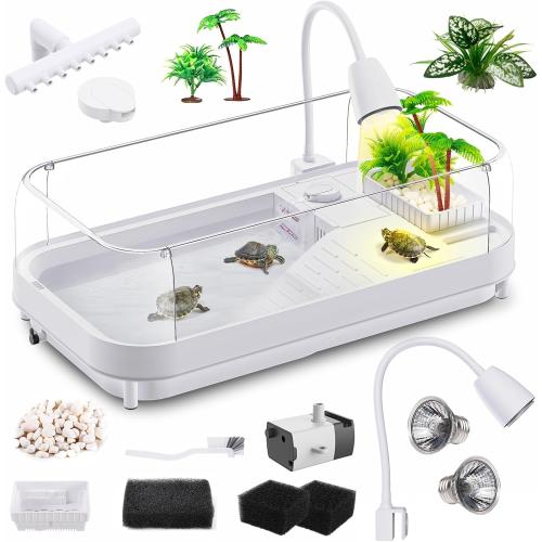 Large Turtle Tank Kit (Tank Lamp Filter), Acrylic Turtle Tank Starter Kit with Heightened and Curved Fences, Bottom Drainage, Multi-Function Areas
