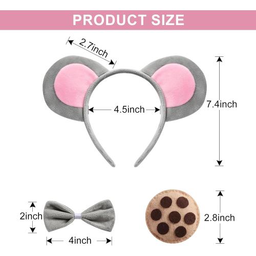 Mouse Costume Set and 4 pcs Cookie Brooches Mouse Ears Headband Bow Tie Tail Halloween Party Dress up Accessories