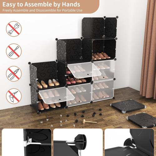 Portable 8-Tier Shoe Cabinet - 48-Pair Shoe Organizer with Expandable, Free Standing, Stackable Space Saving Design and 2 Exclusive Versatile Hooks for Bedroom