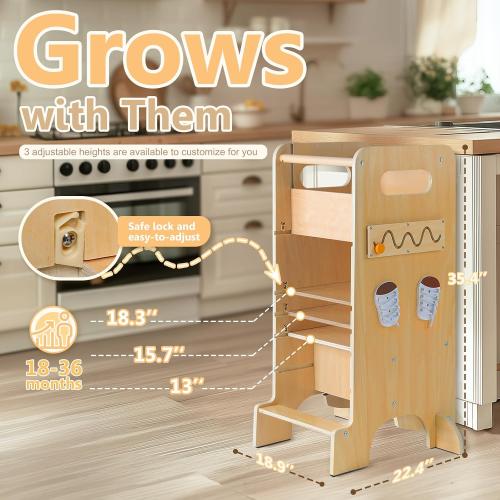 Toddler Tower 4-in-1 Multifunctional Kitchen Stool Helper with Removable Safety Board, Adjustable Heights, Slide, Highchair, Chalkboard, Montessori Games
