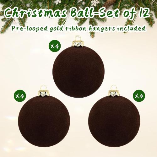 12pcs Christmas Tree Hanging Ball Decoration 2.4Inch Velvet Christmas Ornaments Balls Flocked Shatterproof Plastic Xmas Tree Ball for Party Holiday Wedding Home Decor (1, Coffee, 12PCS)