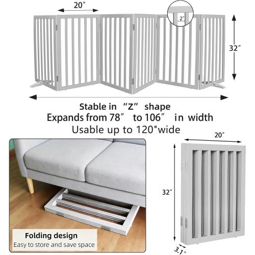 ZJSF Freestanding Indoor Dog Gate for House Foldable Wood Puppy Gate for Doorways Pet Gate for Stairs Extra Wide Pet Fence, Grey, 32 Height 6 Panels