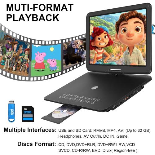 19.6 Portable DVD Player with 17.6’’ Large HD Screen, 4-5Hrs Play, DVD Player Portable with Dual Speaker, Last Memory, Support SYNC TV/USB/SD Card, Play All Discs Format Except Blu-ray, Black