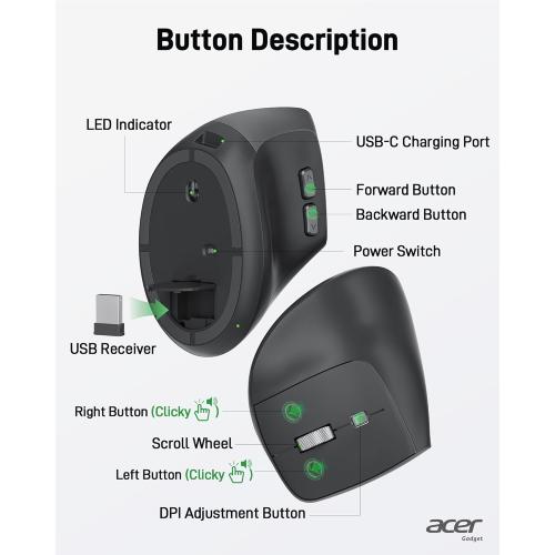 acer Ergonomic Mouse Wireless, Adjustable DPI Vertical Mouse 1000/1200/1600 with 6 Buttons, Rechargeable Ergo Mice with 2.4GHz USB Receiver for Computer, Laptop, PC, iMac and Desktop