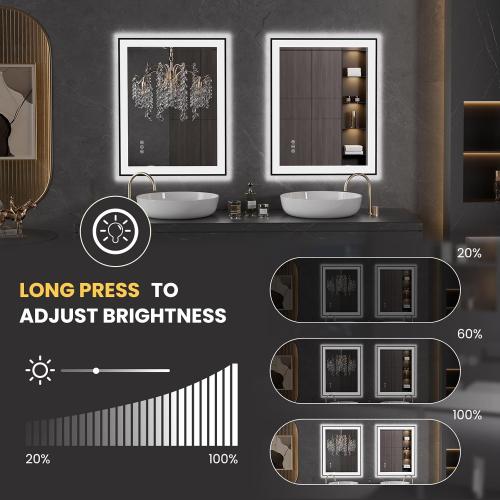 LOAAO 24X36 LED Bathroom Mirror Black Framed, Anti-Fog, Dimmable, Lighted Bathroom Vanity Mirror for Wall, Memory Function, Tempered Glass
