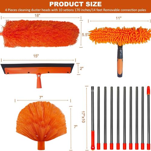Orange 20  Feet High Reach Duster Kit with 3-14 ft Extension Pole // High Ceiling Dusting and Window Cleaning Kit with Spliceable Pole - Window Washer & Squeegee, Cobweb Duster, Fan Blade and Feather Dusters