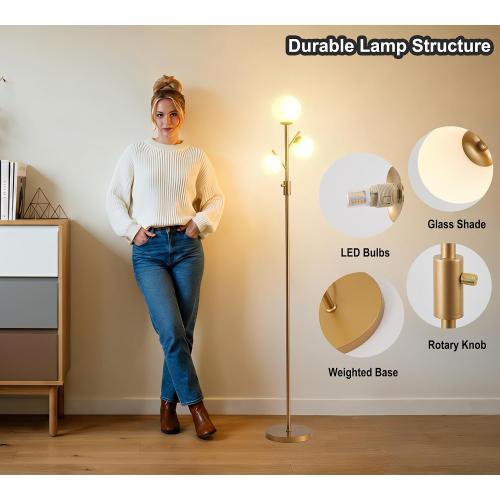 Fiqevs Mid Century Modern 3 Globe Tree Floor Lamp - Dimmable LED Standing Lamp with Bulbs, Warm Light for Living Room Bedroom Office - Antique Brass/Gold