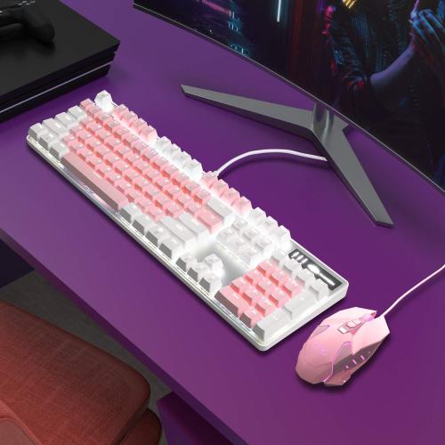 Color White and Blue MageGee Mechanical Gaming Keyboard, New Upgraded Blue Switch 104 Keys White Backlit Keyboards, USB Wired Mechanical Computer Keyboard for Laptop, Desktop, PC Gamers