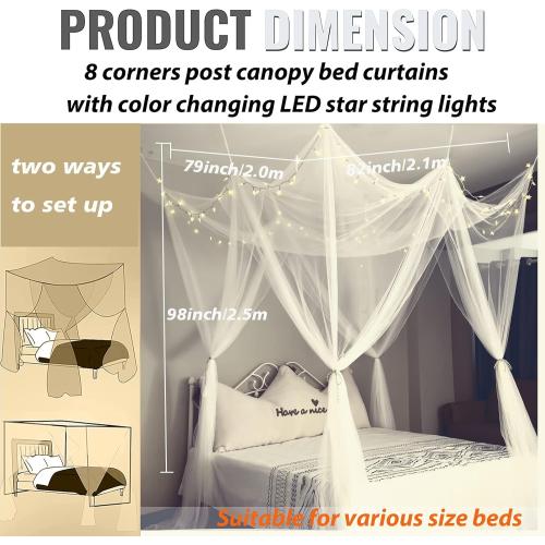 White Bed Canopy with 24 Colors Star Lights for Girls, 8 Corner Princess Canopy Bed Curtains with Color Changing LED String Lights Remote Timer for Adults Women Bedroom, Twin Full Queen King Bed