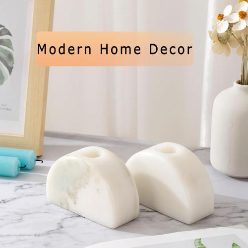 Set of 2 Candle Holder, Natural Marble Candle Stick Holder, Heavy Candlestick Holders - Semi-Circular Modern Home Decor(2White)