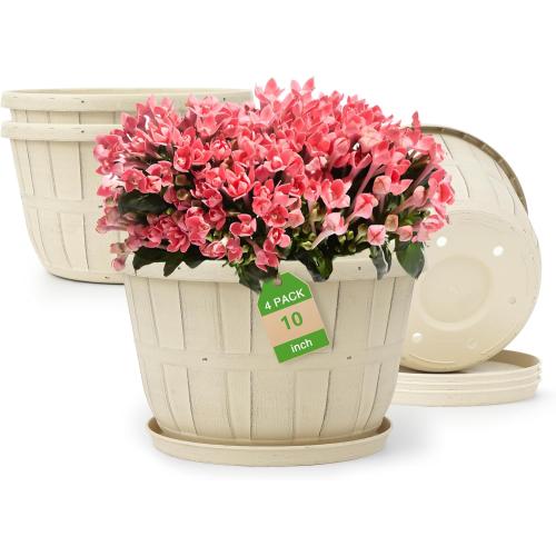 Quarut 10 inch Plastic Flower Pots for Indoor Plants,4 Pack Large Outdoor Planter Pot with Drainage Holes & Saucers,Imitation Wine Barrel Design,for Indoor Outdoor Garden Plants(White)