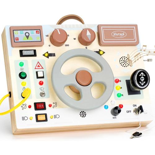 Joyreal Toddler Busy Board with LED Lights, Steering Wheel, Sounds, Montessori Toys for 1  Year Old, Fidget Board Sensory Travel Toy, Gifts for Boys and Girls