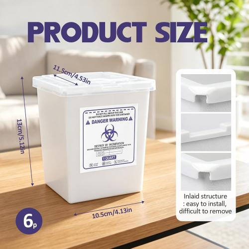 Hushee 6 Pack 1 Quart Sharps Container for Home Use, Multi-Purpose Small Portable Container for Home, Travel, Professional and Personal Use, Translucent Lid, Permanent or Temporary Closure