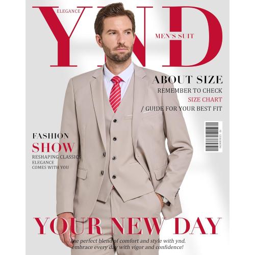 YND Men's 3 Piece Suit Set with Tie, 2 Button Slim Fit Solid Blazer Jacket Vest Pants, Business Wedding Party Suits for Men Grey ? large