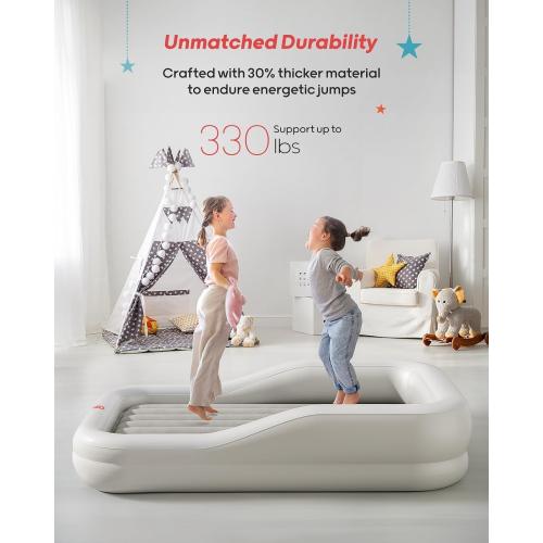 QPAU Inflatable Toddler Travel Bed with 3-Sided Safety Bumpers, Extra Large Kids Air Mattress, Includes Detachable Mattress, Portable for Camping, Travel, Home Use (Grey)