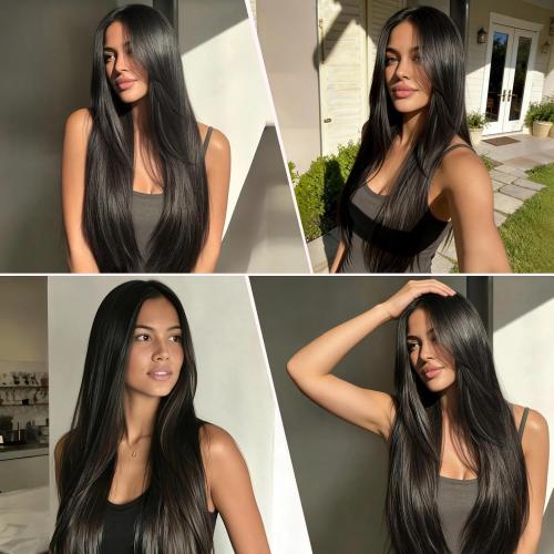 Natural Black Hair Extension Clips 26 Inch Long Invisible Straight Thick Synthetic Clip in Extensions Ins 5PCS Easy Installation Fake Soft Hairpieces for Women Weddings Party Daily Use 8.1 Oz