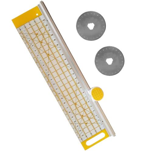YICBOR 45mm Rotary Cutter and 24 L x 6 W Ruler Combo with Gridlines | Ideal Fabric Cutter for Quilting and Sewing Crafts | Comes with Two Replacement Blades