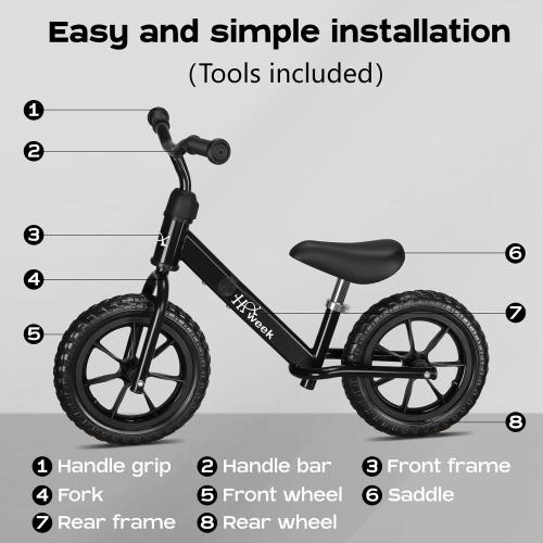 Size 12 Color Black Toddler Balance Bike 12” No Pedal Training Bicycle for Kids 24 Months to 5 Years Tool-Free Adjustments Seat and Handlebar Best Gift for 2-5 Boys Girls