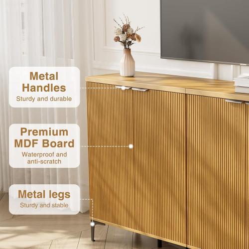 Fluted Sideboard Buffet Cabinet, 2 Doors Side Board Storage Cabinet, Buffet Cabinet with Line Groove Design,Side Board with Metal Legs and Handle, Buffet for Entryway, Natural Wood