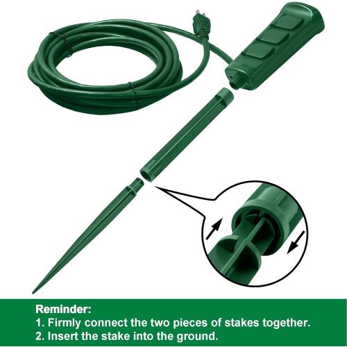 Size 30ft BESTTEN Outdoor Power Stake with 30ft Ultra Long Extension Cord, 3-Outlet Power Strip with Weatherproof Protective Covers, ETL Listed, Green