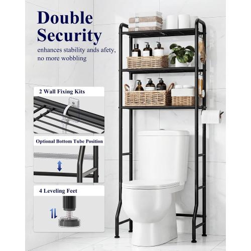 Kitsure Over Toilet Storage Rack - Metal Over Toilet Bathroom Organizer Shelf, Over the Toilet Storage Cabinet with Paper Holder and Hooks, Bathroom Cabinet for Laundry, Black, 3 Tiers (63.2 H)