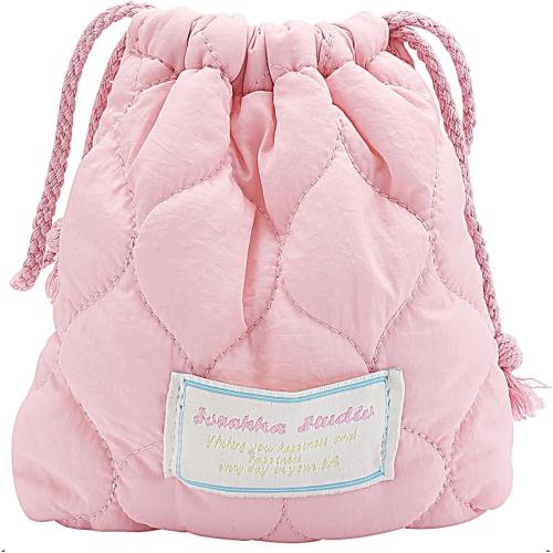 Cotton Quilted Drawstring Makeup Bag Small Cosmetic Bag Preppy Portable Toiletry Pouch for Purse Cute Pink Travel Organizer Bags Aesthetic Mini Storage Bags for Women Girls Kids Mama Gift