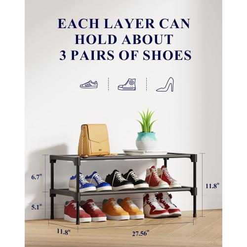Kitsure Shoe Rack - Non-Woven Shoe Rack Shelf, Shoe Organizer for Closet, Entryway, Garage & Corridor, Stackable Shoe Shelves, 27.5 Wide - 2 Tier, Black