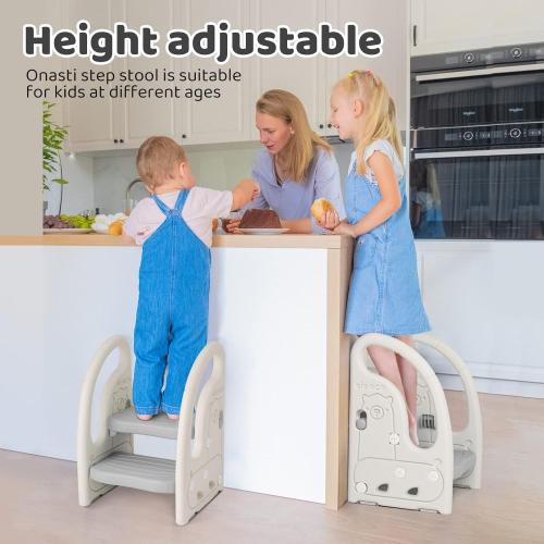 Color Grey Onasti Toddler Step Stool for Bathroom Sink, Adjustable 2 Step Stop for Kids with Handles, Toilet Stool Potty Training, Plastic Ladder Toddler Helper Stool for Bedroom Kitchen Counter Grey White