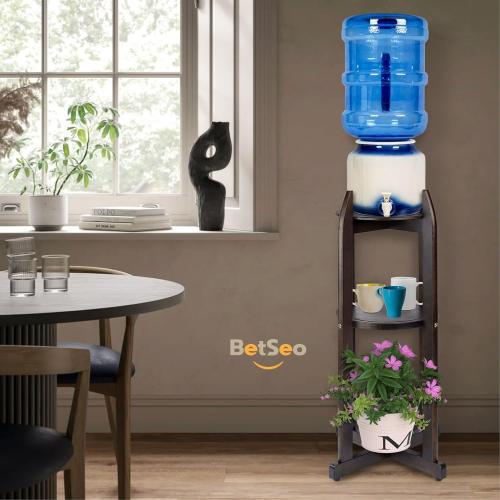 Natural Solid Wood Water Dispenser Floor Stand (32.8 Hight-11.2 Wide) Drink Dispenser Floor Stand with 2 Round Shelfs Included for 1-5 Gallon Water Bottles/Crocks, Water Jug (Walnut Color)