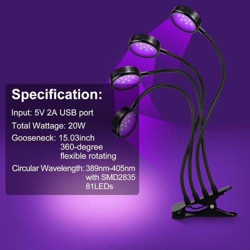 YGS-Tech LED Black Light, 20W UV Lamp with USB, Four Head Dimmable Gooseneck UV Light, Wavelength 389-405nm Black Lights for Resin, Neon Body Paint, Bedroom and Glow Party Decorations