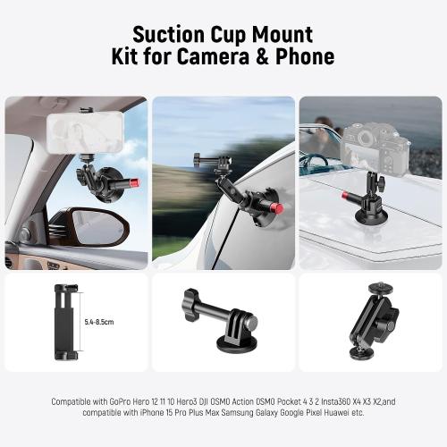 Neewer 3 Suction Cup Camera Mount Bracket with Ball Head Magic Arm, 1/4 ARRI Holes, Quick Release Car Mount with Phone Holder & Action Cam Adapter Compatible with iPhone DJI Insta360, CA104