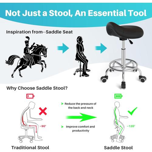 YEEZEE Saddle Stool Ergonomic- Comfortable Rolling Saddle Stool with Wide Thick Saddle Seat Padding, Swivel Adjustable Saddle Chair with Wheels and Ring Pedal for Medical Massage Salon (Dark Black)