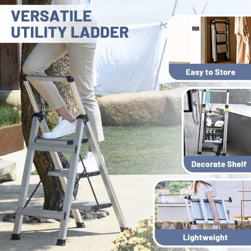 XinSunho 3 Step Ladder, Retractable Handgrip Folding Step Stool Ladders with Anti-Slip Wide Pedal, Aluminum 3 Steps, 330lbs Safety Household Ladder