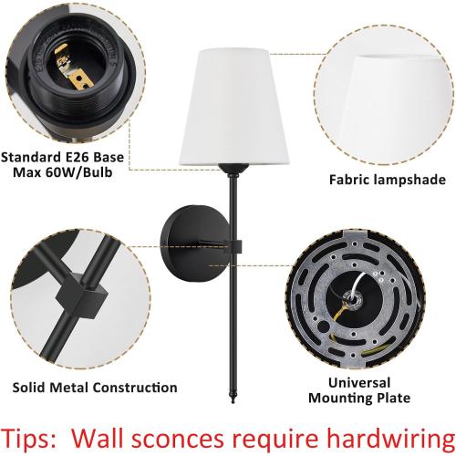 Wall Sconces Sets of 2, Retro Industrial Wall Lamps, Bathroom Vanity Sconces Wall Lighting with White Fabric Shade, Suitable for Bedroom Living Room Corridor Kitchen