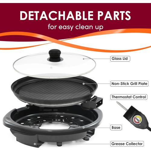 Elite Gourmet EMG-980B Smokeless Electric Tabletop Grill Nonstick, 6-Serving, Dishwasher Safe Removable Grilling Plate, Grill Indoor, Tempered Glass Lid, Adjustable Temperature, 14 Black