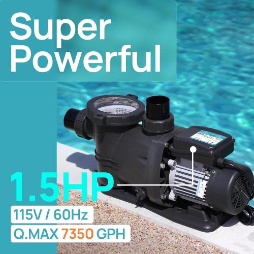 1.5HP In/Above Ground Pool Pump with Timer, 7350GP High Flow 115V Powerful Self Primming Swimming Pool Pumps with Filter