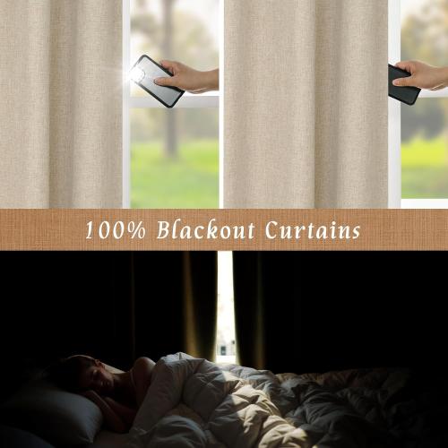 LAMIT 100% Blackout Natural Linen Curtains, 72 Inches Linen Textured Thermal Bedroom Curtains Back Tab and Rod Pocket Neutral Panels with White Liner for Farmhouse, 2 Panels, 52 x 72 Inch