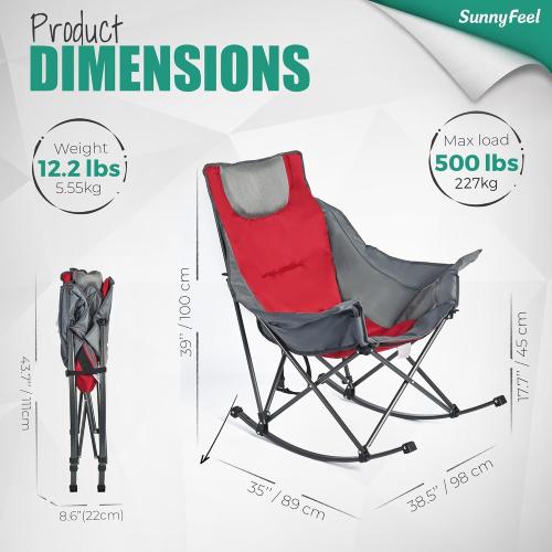 SUNNYFEEL Oversized Folding Rocking Camping Chair for Adults, 500lbs Red | Heavy Duty Outdoor Rocker Camping Chairs, High Back Padded Lawn Recliner with Side Pocket & Carry Bag